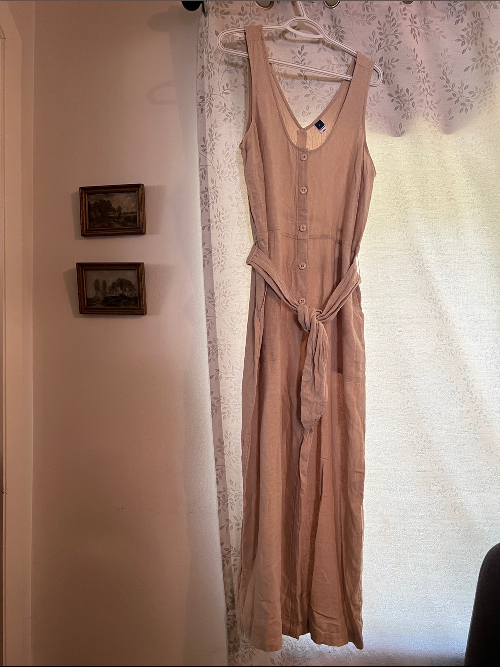 NWOT Sleeveless Button-Front Jumpsuit with Tie Waist - Beige